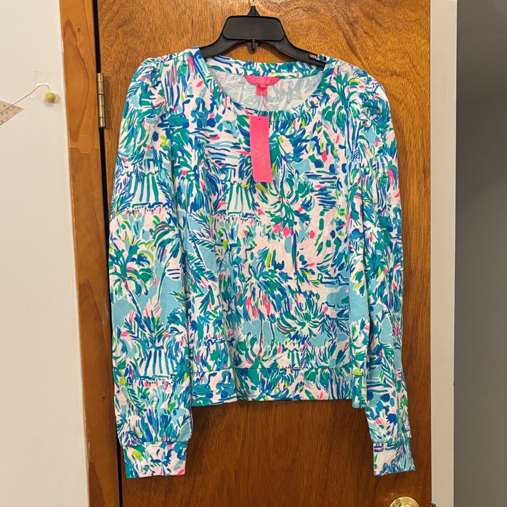 NWT Lilly Pulitzer Jansen Sweatshirt in Blue Ibiza Cabana Cocktail Print Size XL